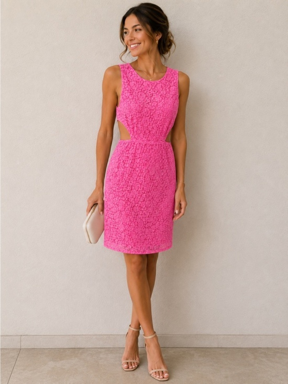 RACHEL Rachel Roy Bright Pink Lace Midi Sheath Dress